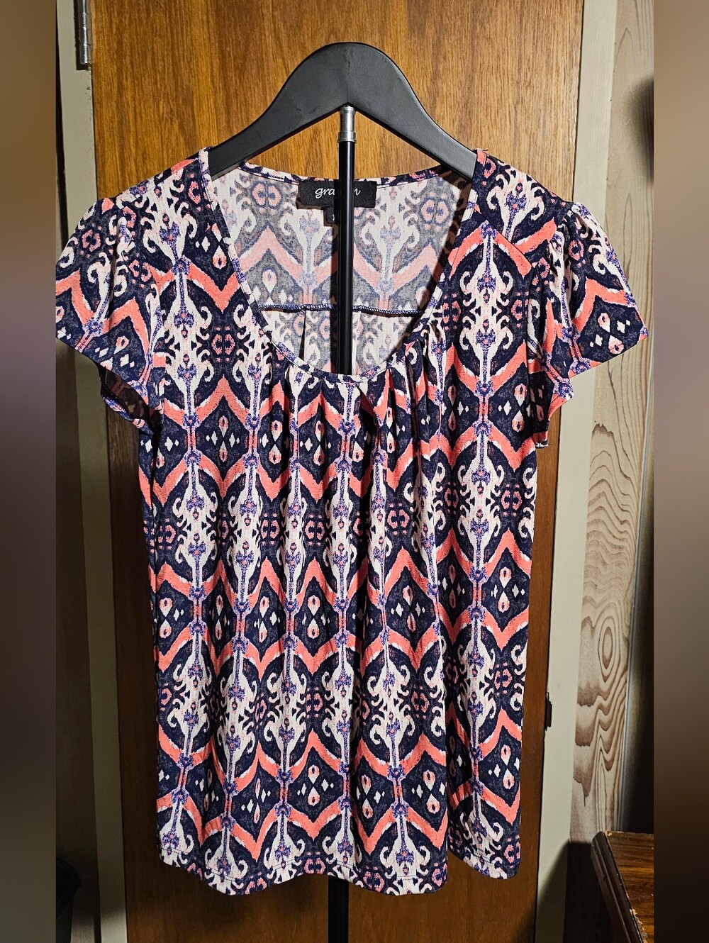 Grayson Coral and Navy Printed Scoop Neck Blouse